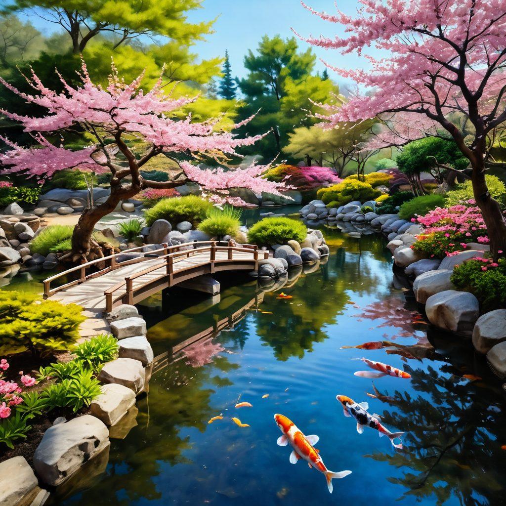 A serene scene depicting a beautiful Asian landscape, featuring cherry blossoms in bloom, a tranquil koi pond, and a gentle Zen garden. Incorporate joyful figures practicing Tai Chi and enjoying traditional tea ceremonies, embodying wellness and cultural richness. The image should be warm and inviting, with soft sunlight filtering through the trees, creating a peaceful atmosphere. vibrant colors. painting.