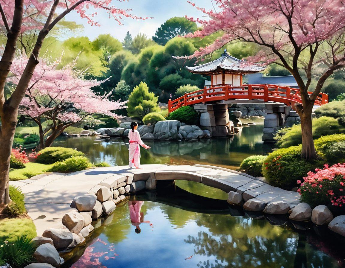 A serene landscape showcasing a harmonious blend of happiness and Asian lifestyle, featuring a peaceful Zen garden with cherry blossom trees, a tranquil pond, and traditional Japanese lanterns. In the foreground, a person practicing Tai Chi, radiating joy and balance, surrounded by lush greenery and vibrant flowers. Ethereal light filtering through the trees creates an uplifting atmosphere. watercolor. vibrant colors. soft focus.