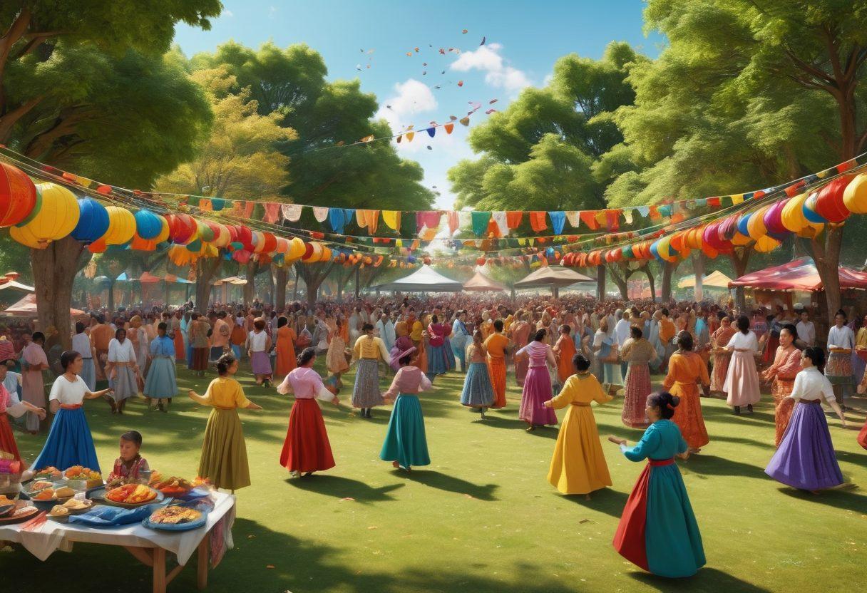 A vibrant community gathering in a colorful park, showcasing people of different cultures sharing joyful moments—dancing, cooking, and laughing together. Include traditional costumes, food stalls with diverse cuisines, and children playing. Bright banners with messages of unity and diversity hang overhead, creating an uplifting atmosphere. super-realistic. vibrant colors. 3D.